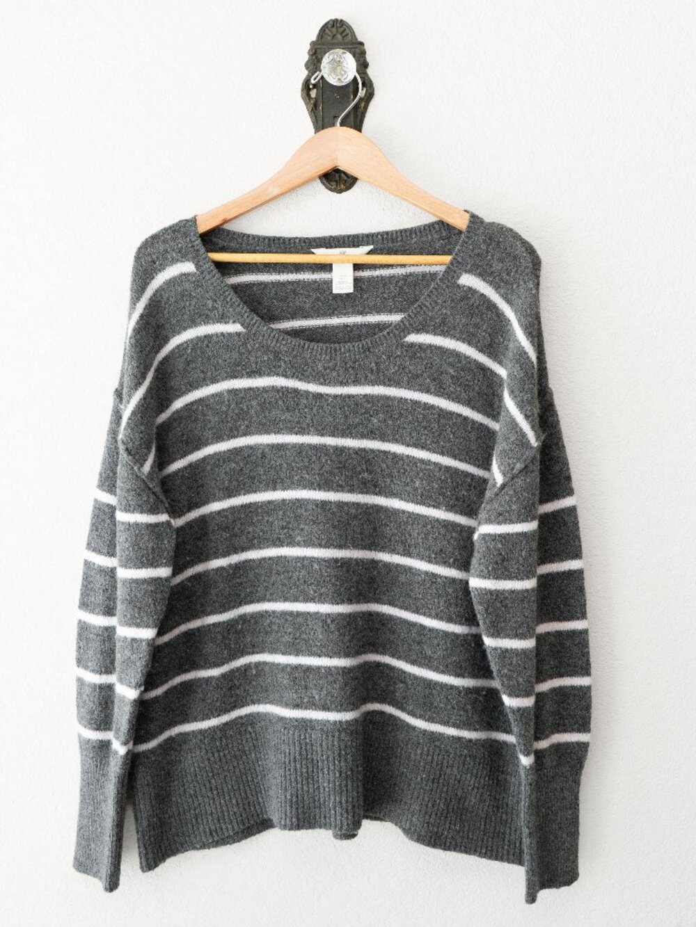 H&M LOGG Womens XL Gray White Stripe Sweater Wool Blend Drop Shoulder Oversized